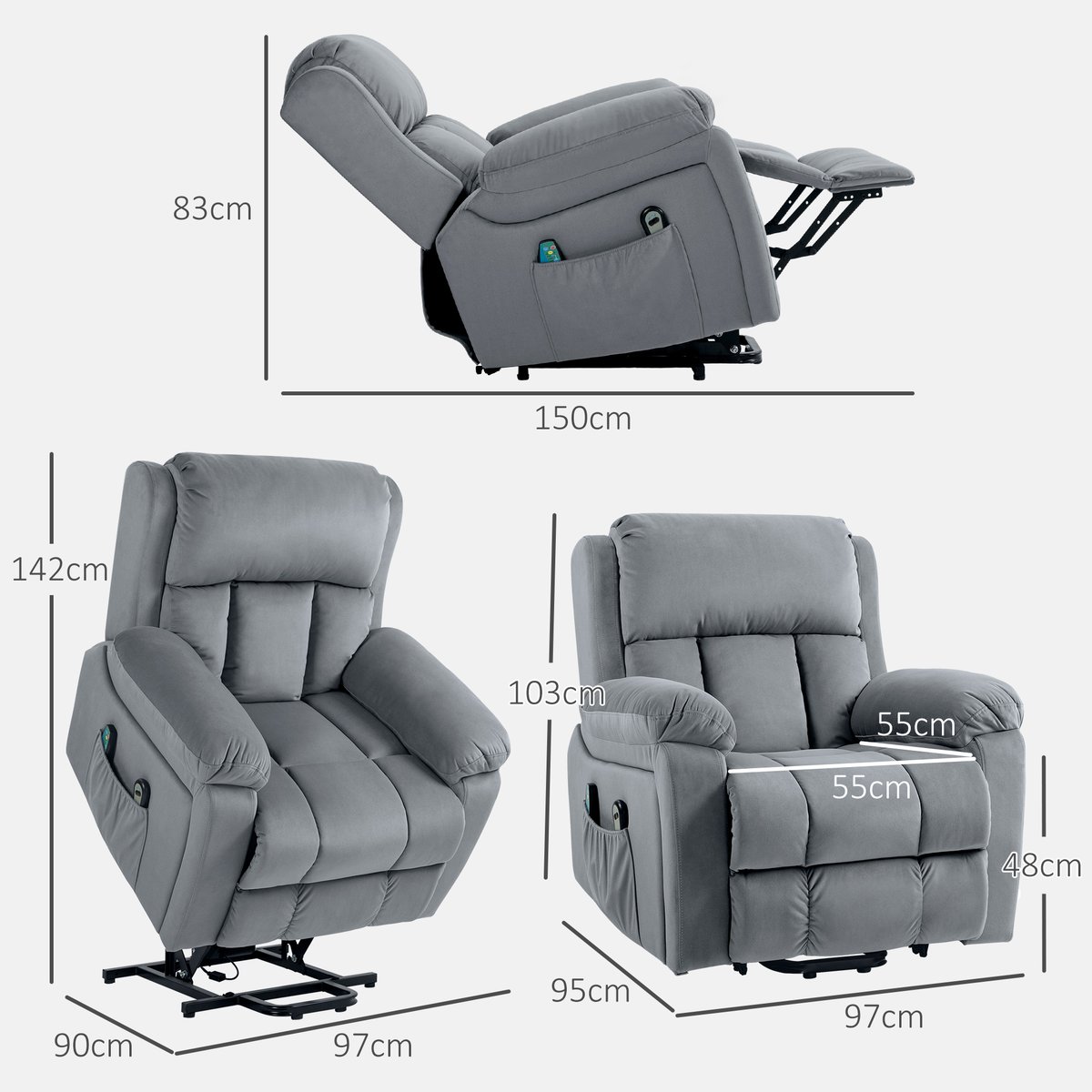Fauteuil releveur multifonctionnel Tissu gris, HOMCOM