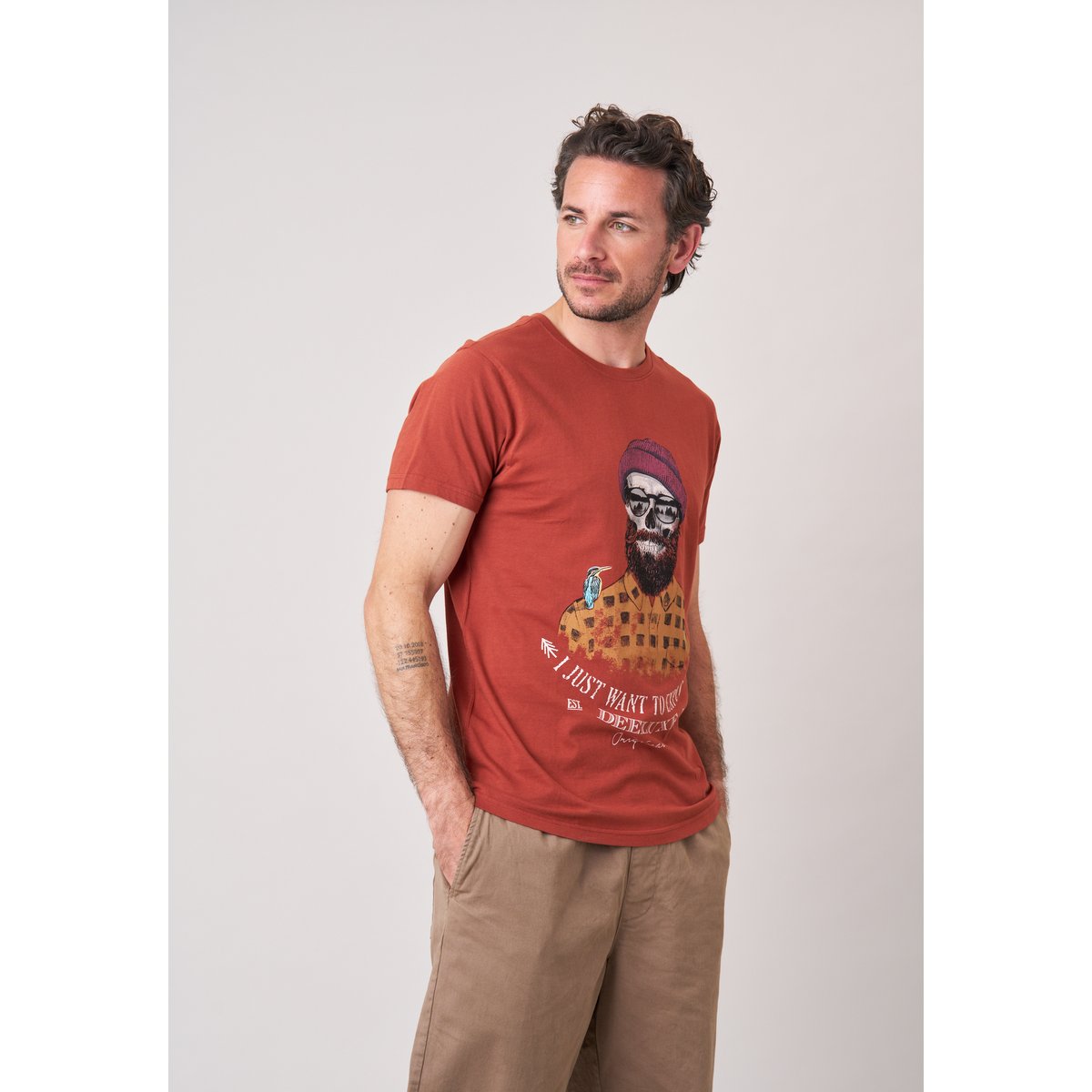 T-shirt regular homme en 100% coton jersey imprimé crâne explorer TELLSON cognac, DEELUXE
