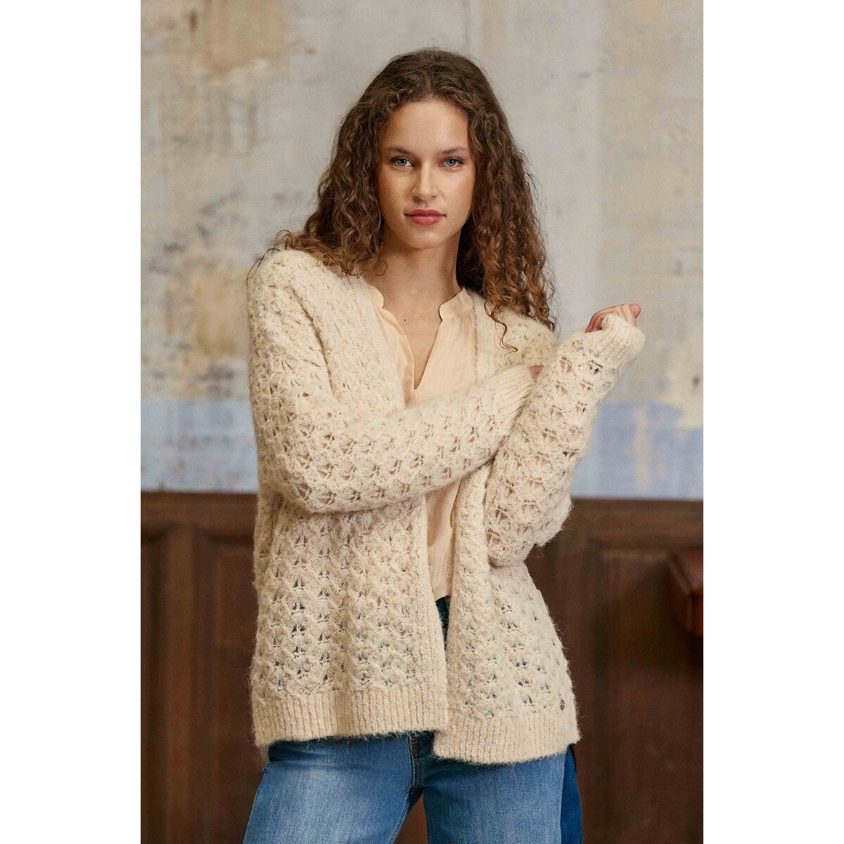 Gilet en maille ajourée, MILENE beige clair, LA PETITE ETOILE