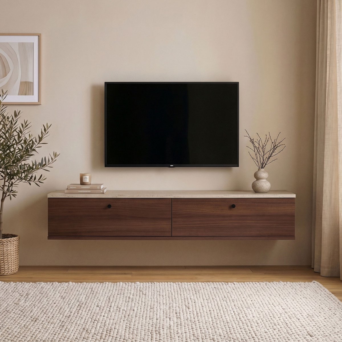 Meuble tv suspendu 2 portes en bois et effet travertin L160cm- YARA bois foncé, DRAWER