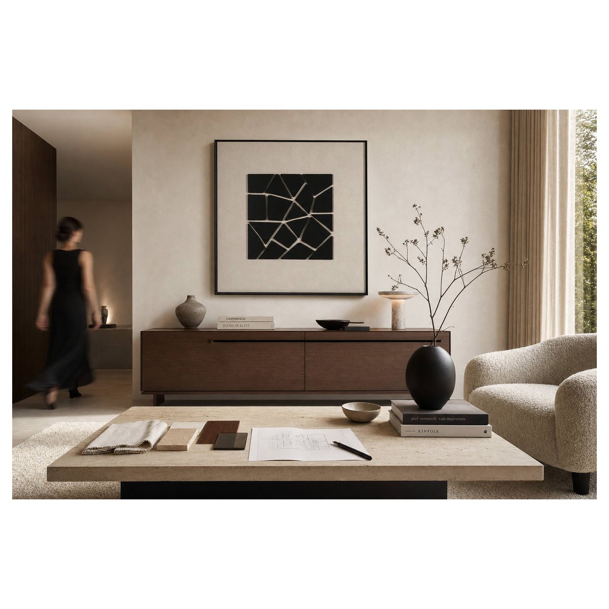 Tableau mural abstrait en bois et verre noir et crème, RECOLLECTION