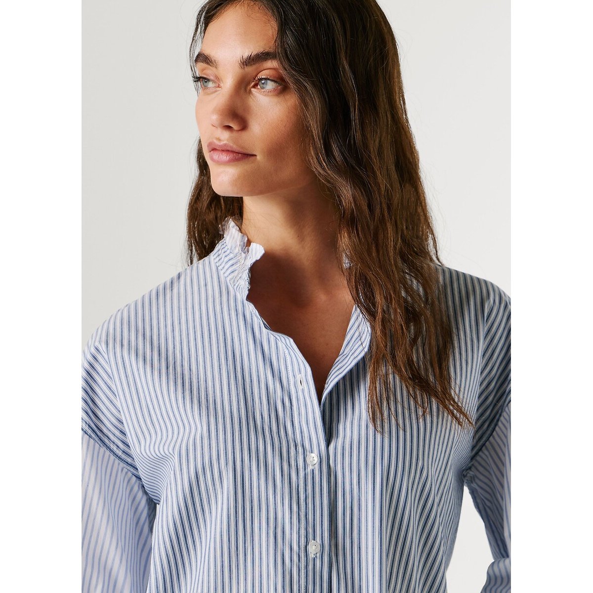 Striped Mandarin Collar Blouse with Ruffles sky blue striped, PEPE JEANS