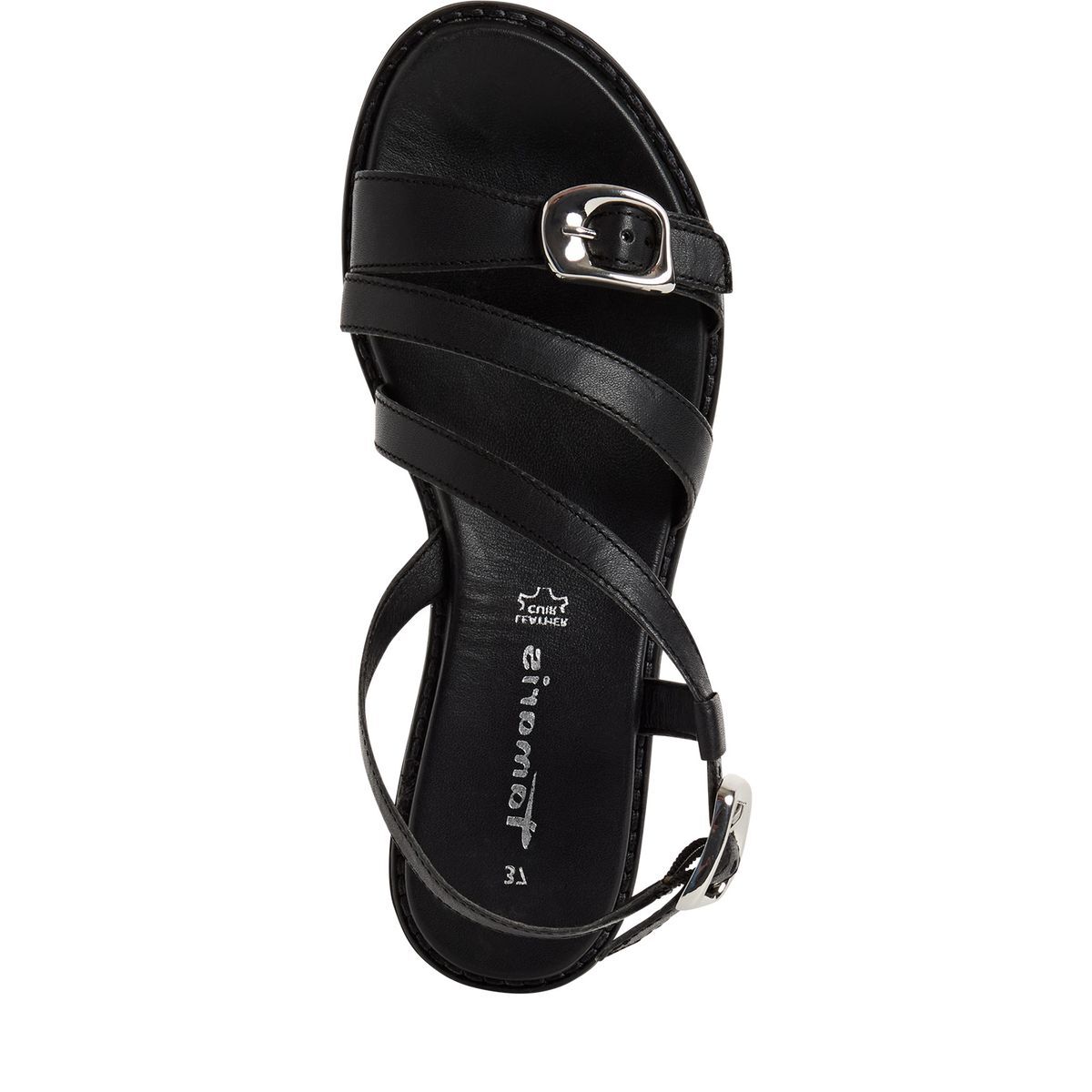 Sandales plates en cuir noir, TAMARIS