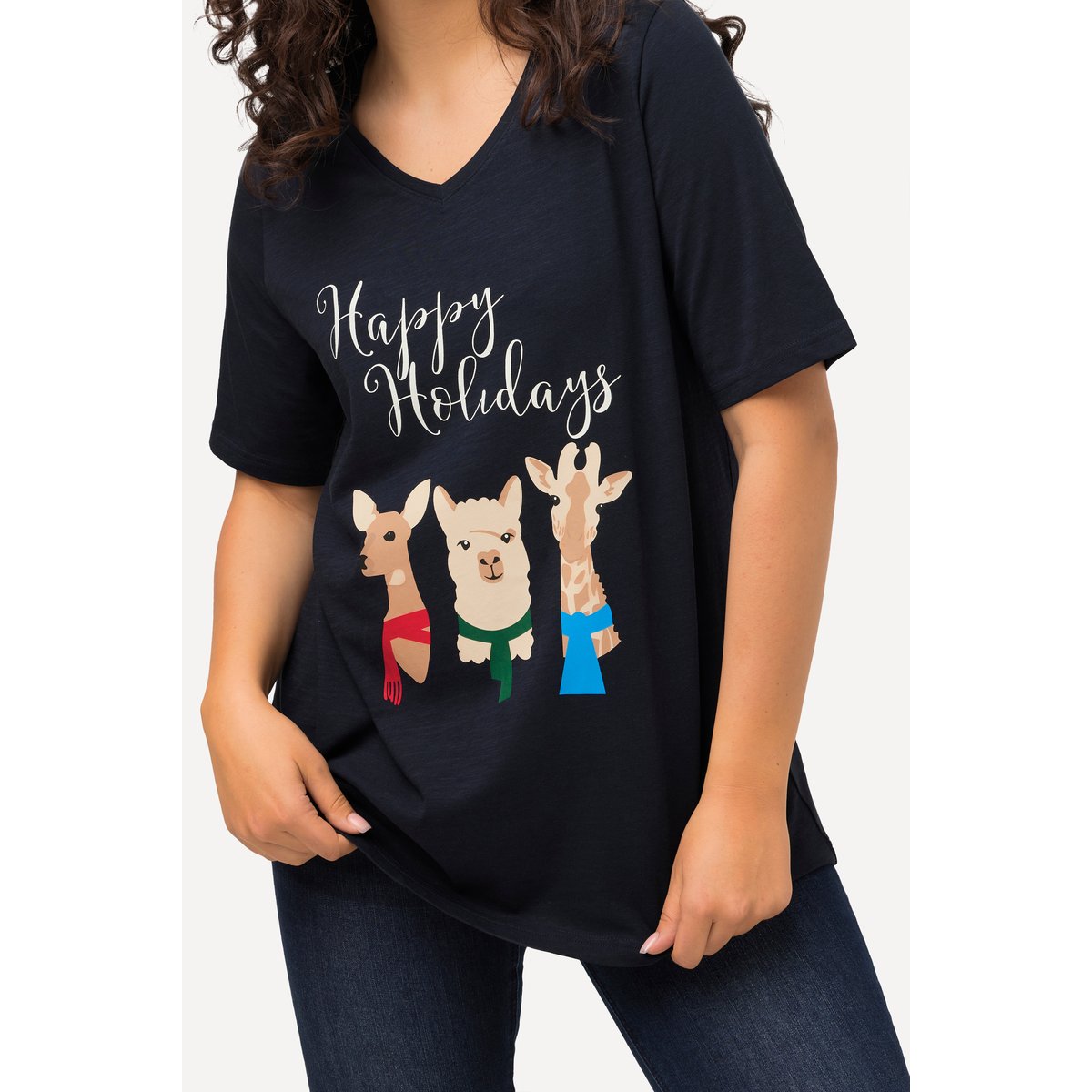 T-shirt de Noël à manches courtes et col V marine, ULLA POPKEN
