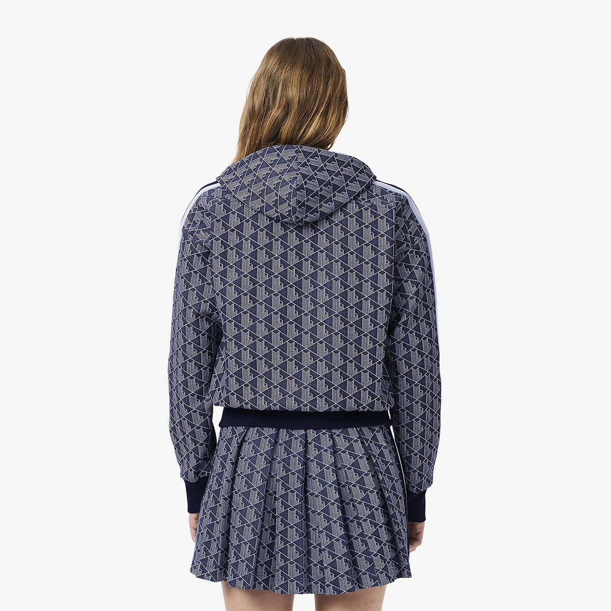 Hoodie in jacquard met monogram en ritssluiting marineblauw/wit, LACOSTE