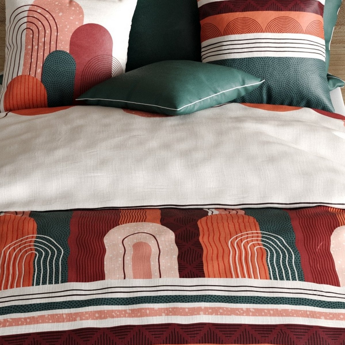 Parure de lit en 100% coton à motifs avec housse de couette + taie d’oreiller rouge, EDEN
