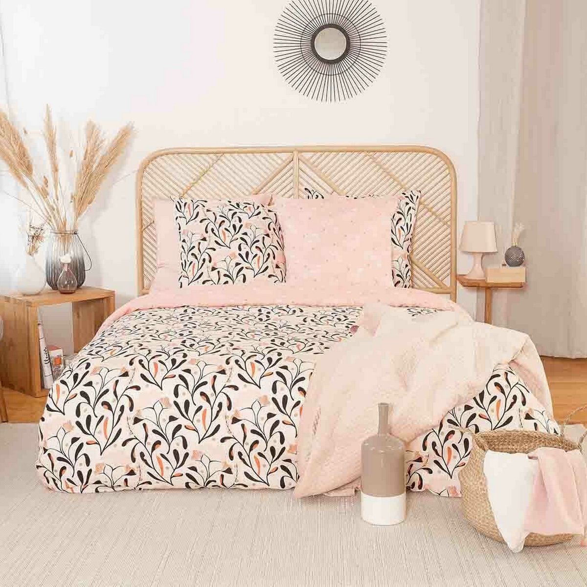 Parure de lit - housse de couette en satin de coton imprimée rose, EDEN