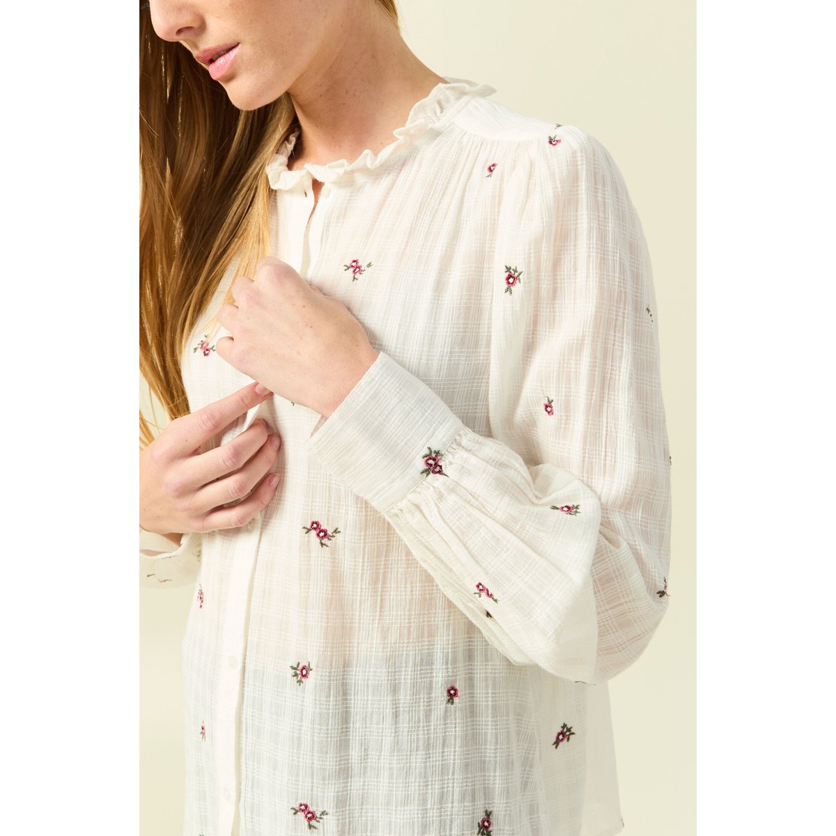 Chemise manches longues en coton brodée blanc, BONOBO
