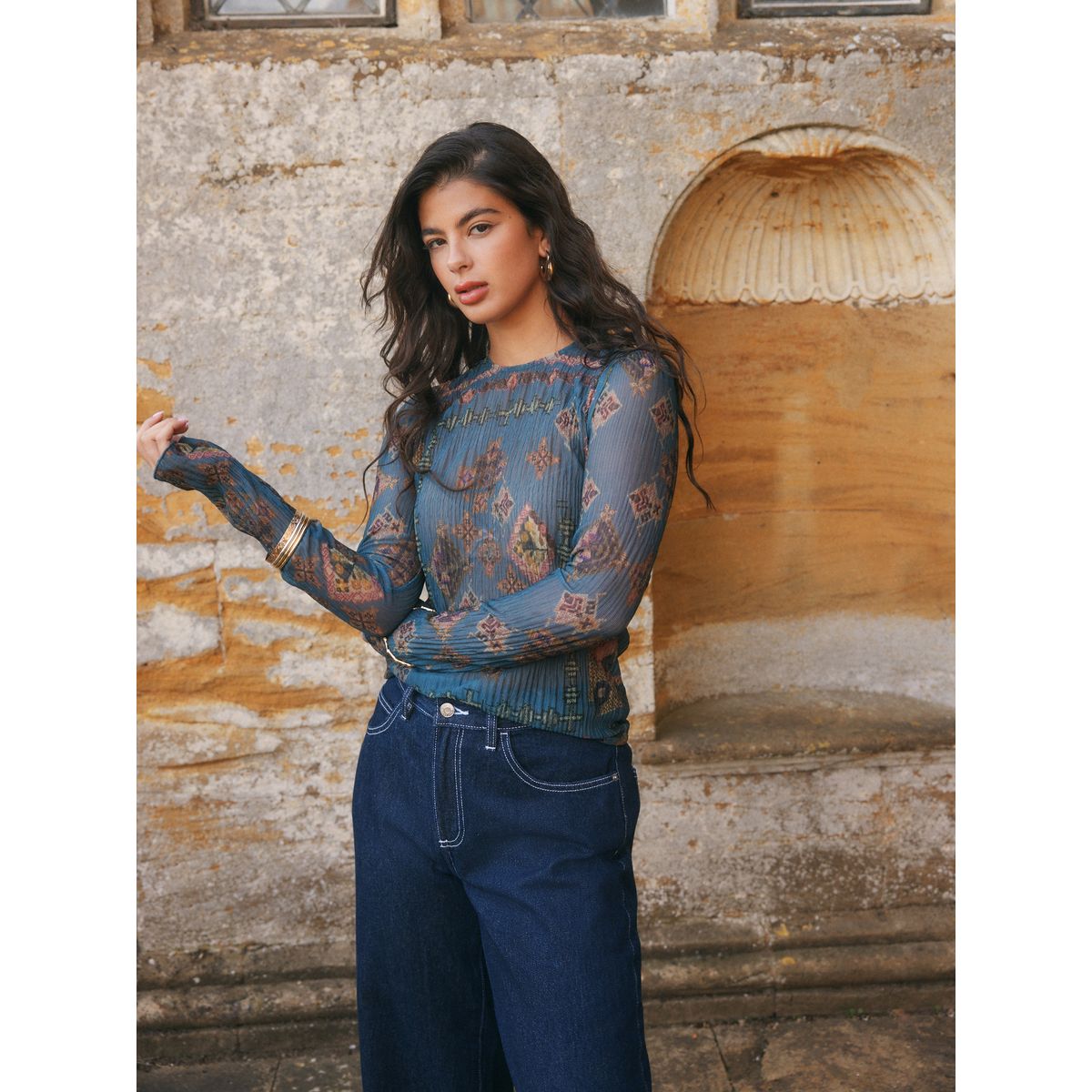Haut manches longues en mesh effet froissé national trust teal blue print, NEXT