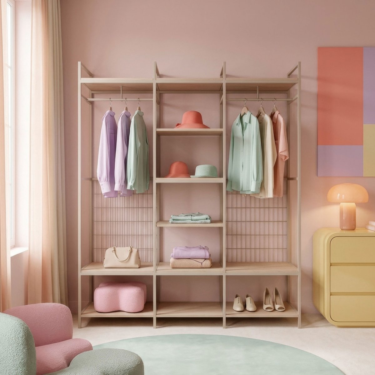 Dressing ouvert modulable 3 éléments en métal et bois L140xH179,5cm- AQABA beige, DRAWER