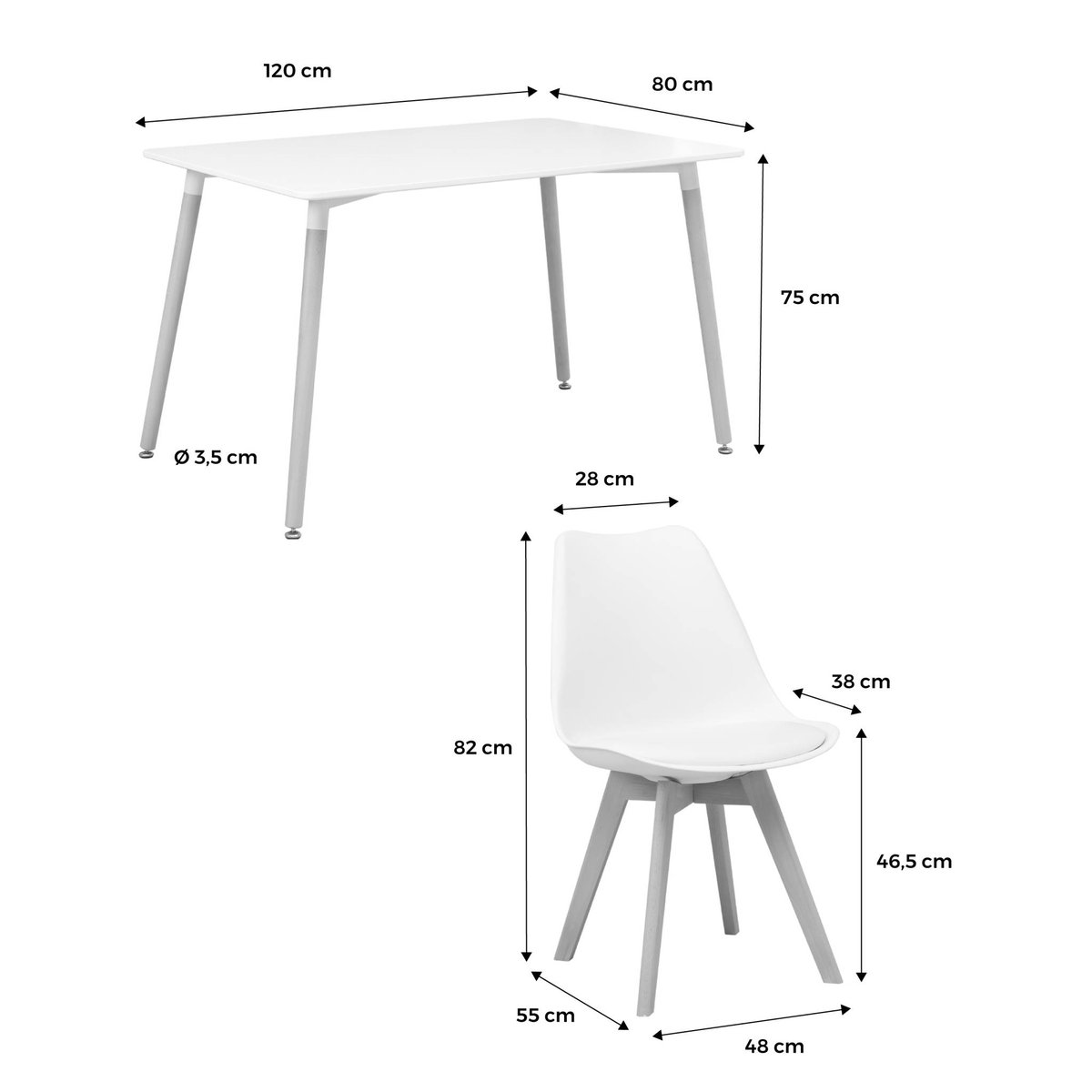 Ensemble table à manger scandinave pieds bois de hêtre 4 chaises HEDVIG 120X80CM blanc, SWEEEK