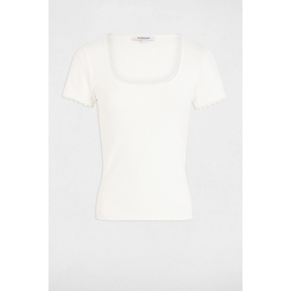 T-shirt manches courtes côtelé ecru, MORGAN