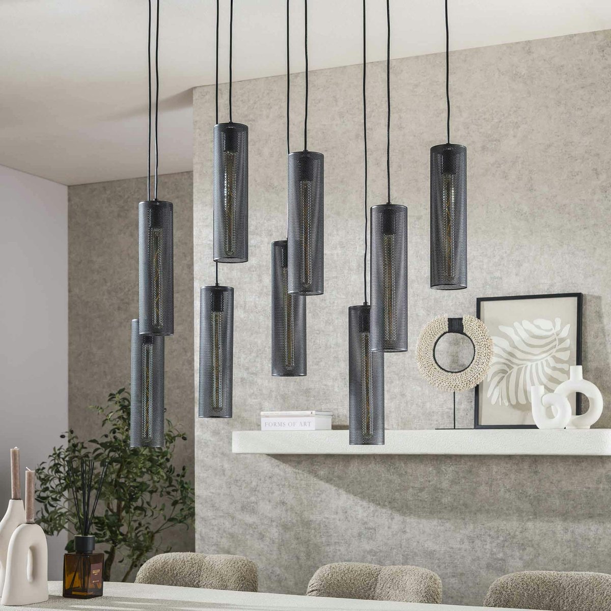 Suspension contemporaine grillagée 9 abat-jour RALF noir, PIER IMPORT