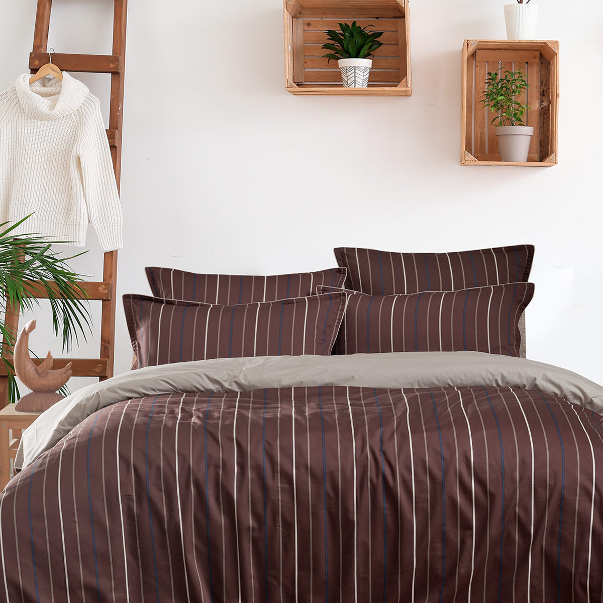 Lot de 2 taies d'oreiller en satin de coton 120 fils ARBORESCENCE noisette, SENSEI MAISON