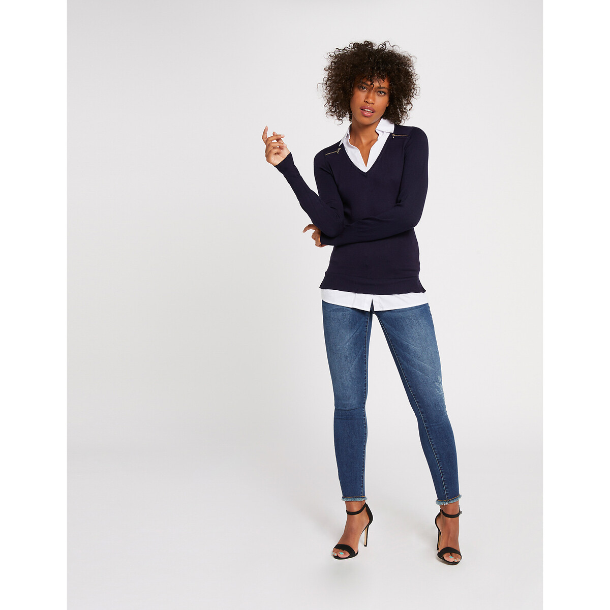 Pull chemise 2 en 1 détails zips épaules marine/blanc, MORGAN