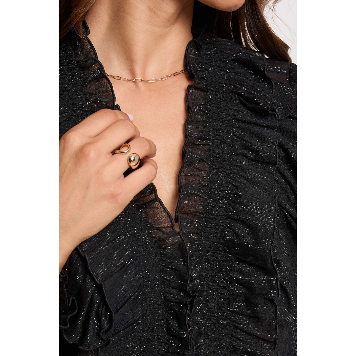 Chemise brillante col v noir, MORGAN