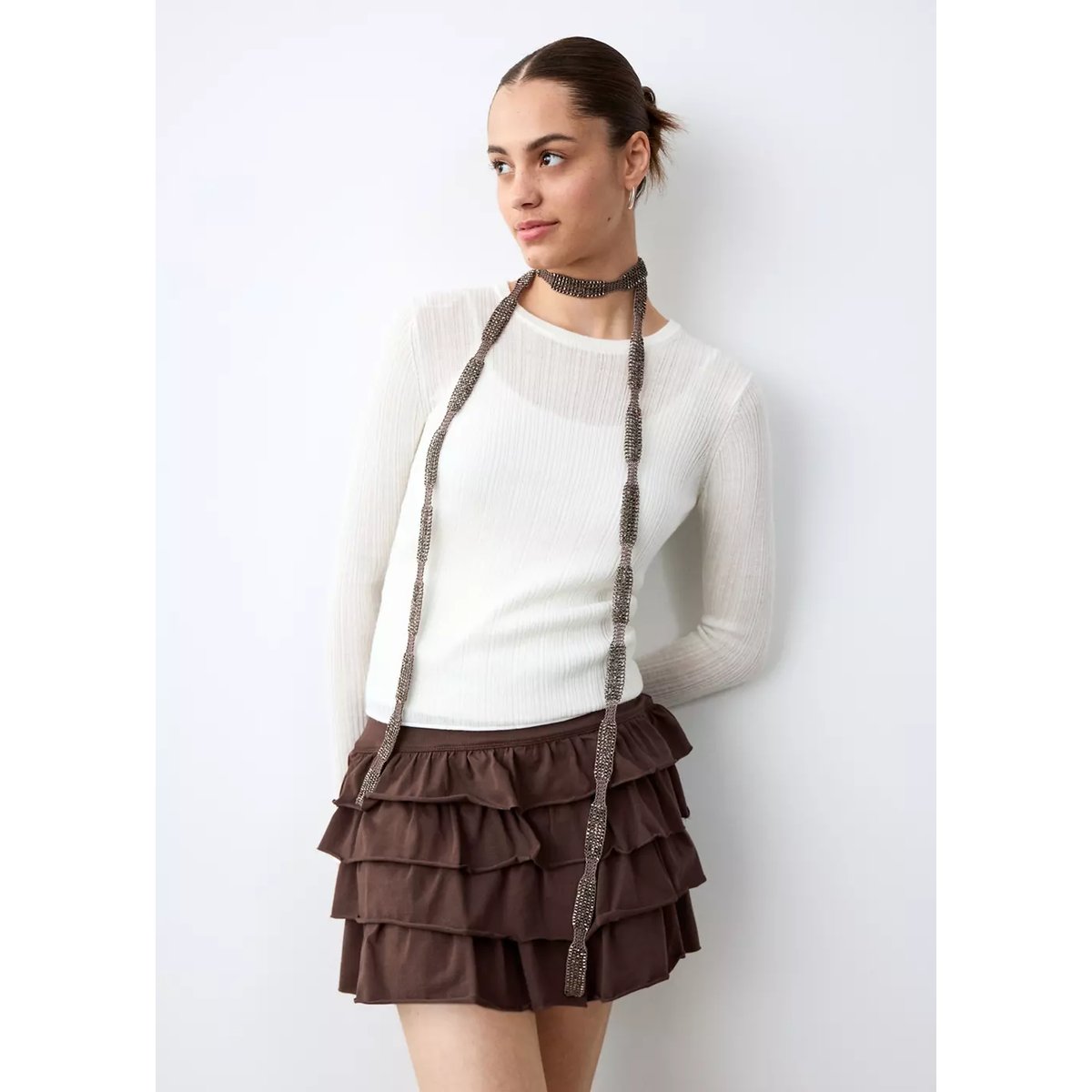Jupe courte à volants marron, MANGO TEEN