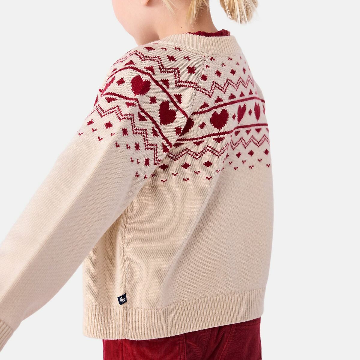 Cardigan en laine et coton, motif jacquard ecru, PETIT BATEAU