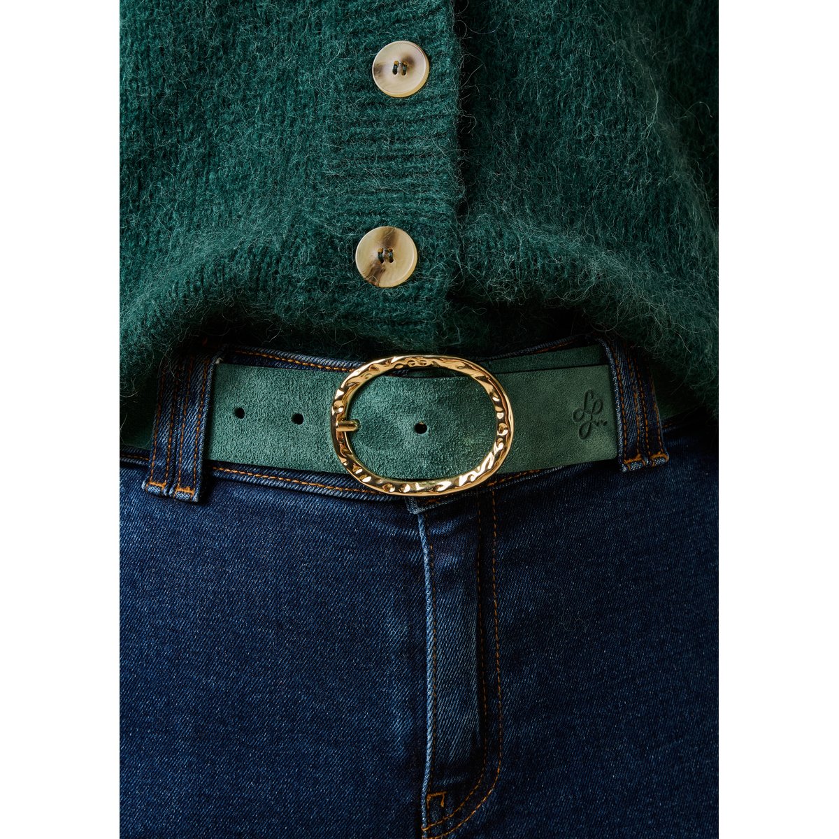Ceinture en cuir suédé boucle ovale petrole, LA FEE MARABOUTEE
