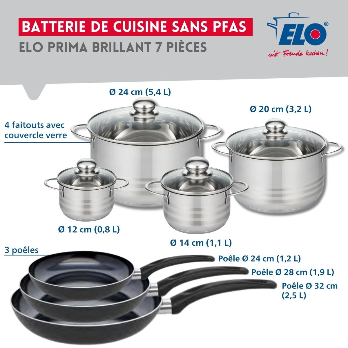 3 poêles 24/28/32cm + 4 faitouts 12/14/20/24cm PRIMA BRILLANT noir, ELO