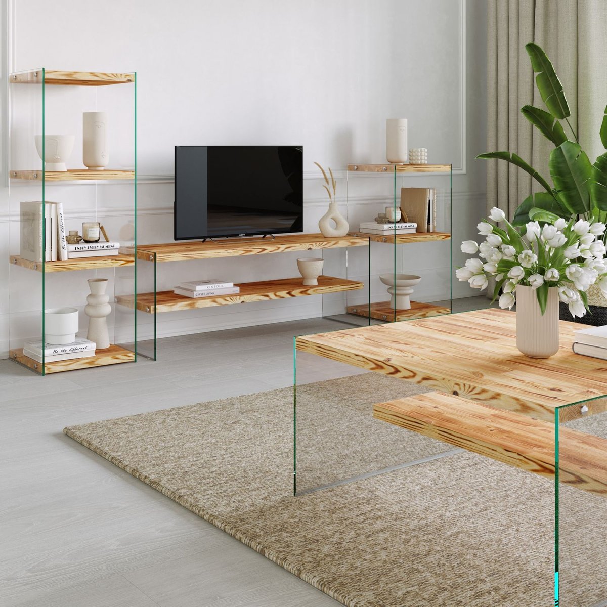 Etagère 3 niveaux de rangement en verre et bois NIAGARA beige, TOILINUX