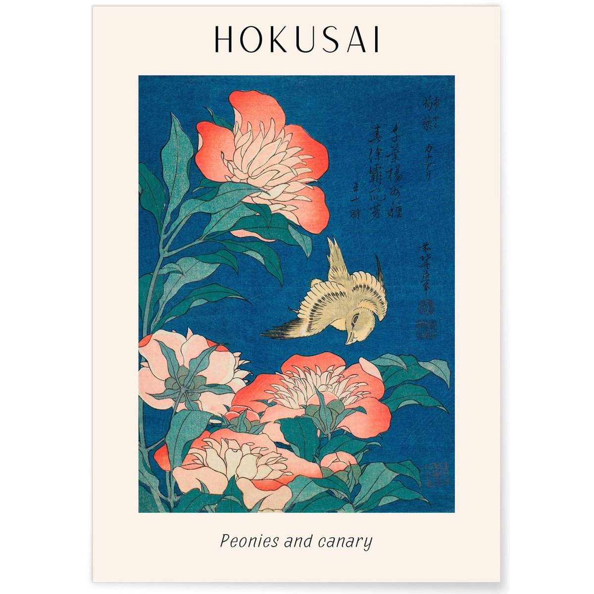 Affiche Hokusai 'Peonies and Canary' blanc, L'AFFICHERIE