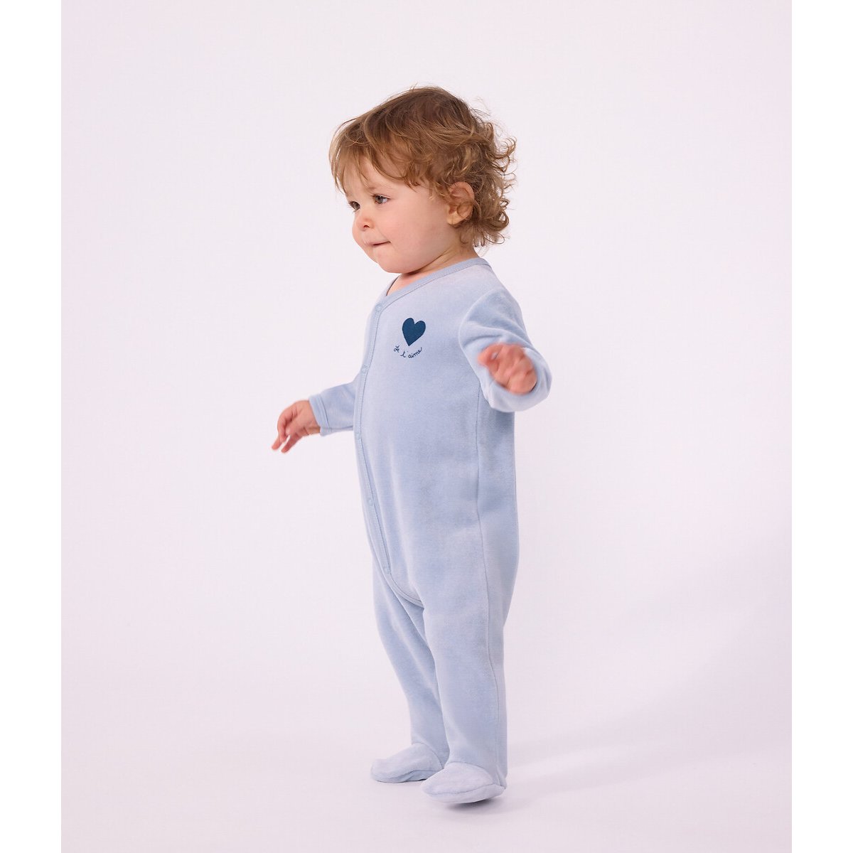Pyjama avec pieds en velours bleu grisé, PETIT BATEAU