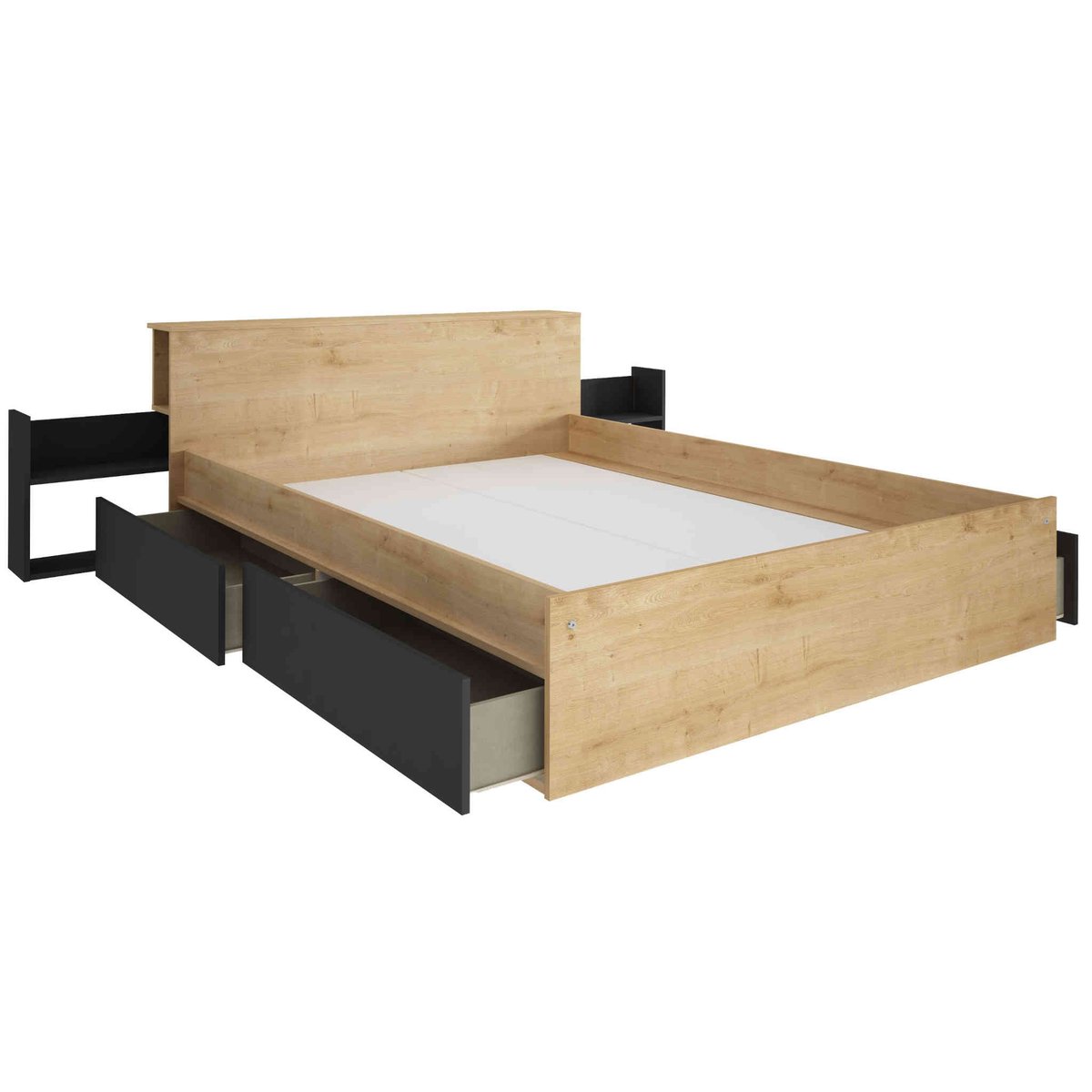 Lit tiroir en bois avec niches de rangement bois naturel, TERRE DE NUIT