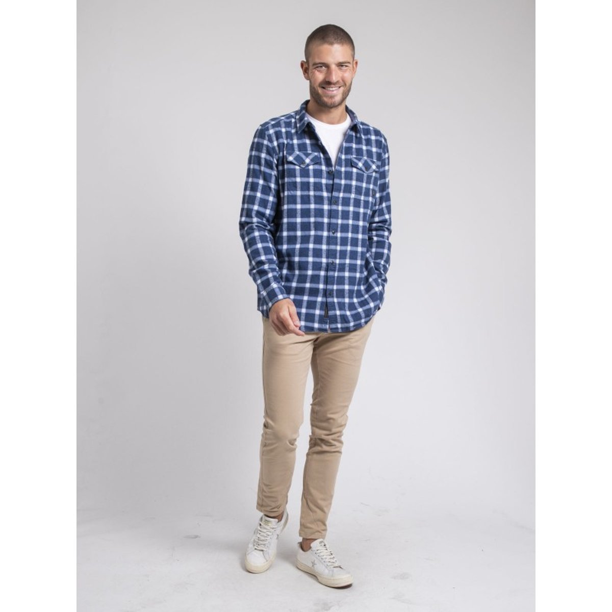 Chemise Manches Longues Carreaux Pur Coton Flanelle Tolfox bleu marine, RITCHIE