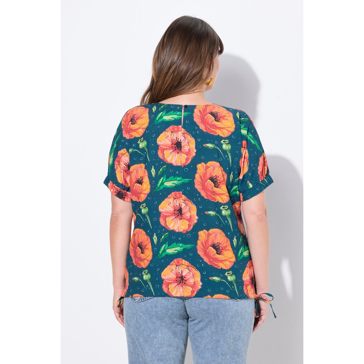 Top blouse, coquelicot, col rond pétrol, ULLA POPKEN