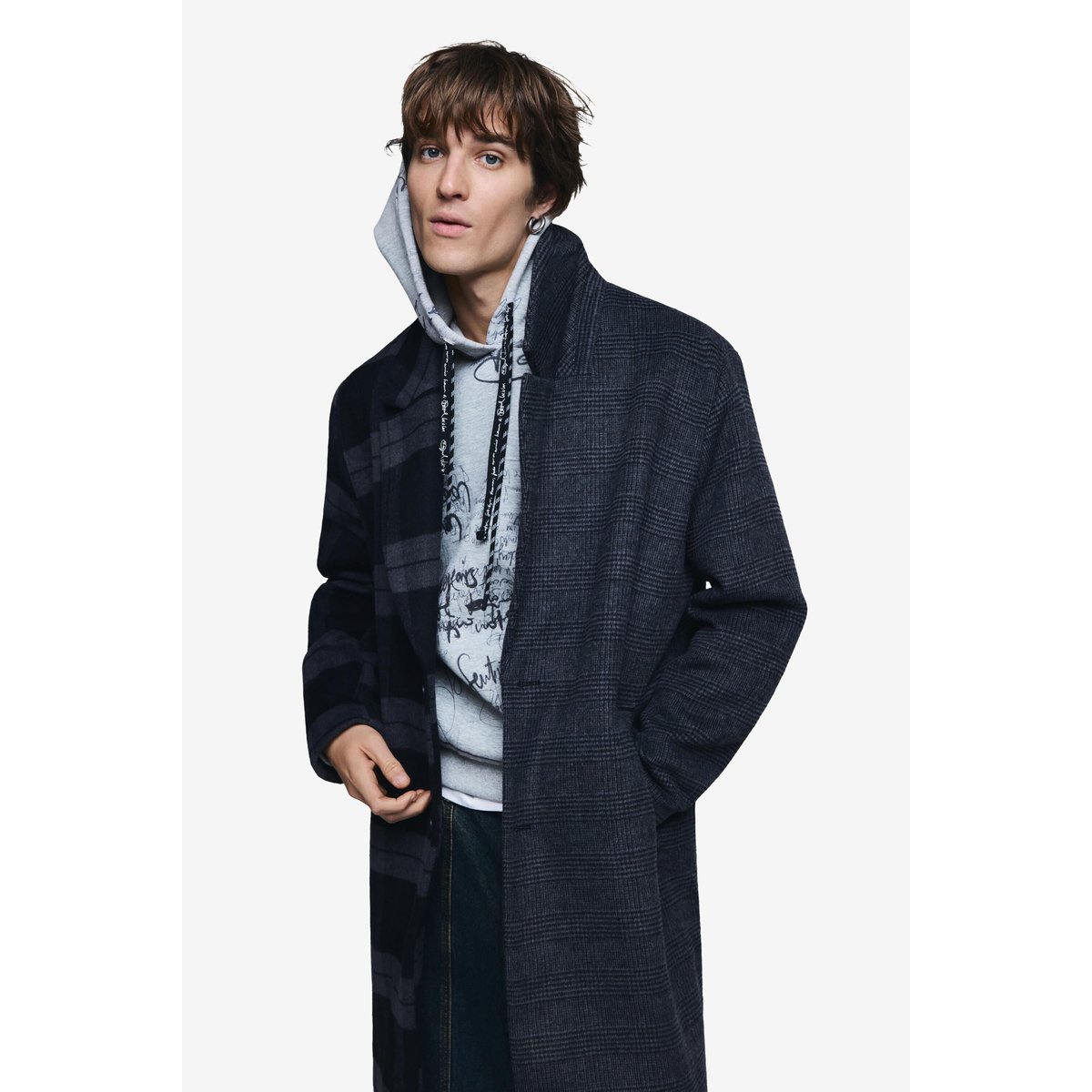 Manteau en laine bimatière à carreaux gris, DESIGUAL