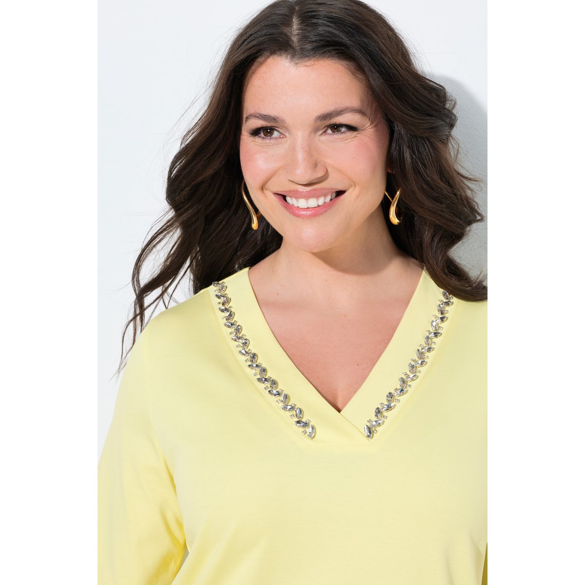 T-shirt en coton Pima, pierres fantaisie jaune citron, ULLA POPKEN
