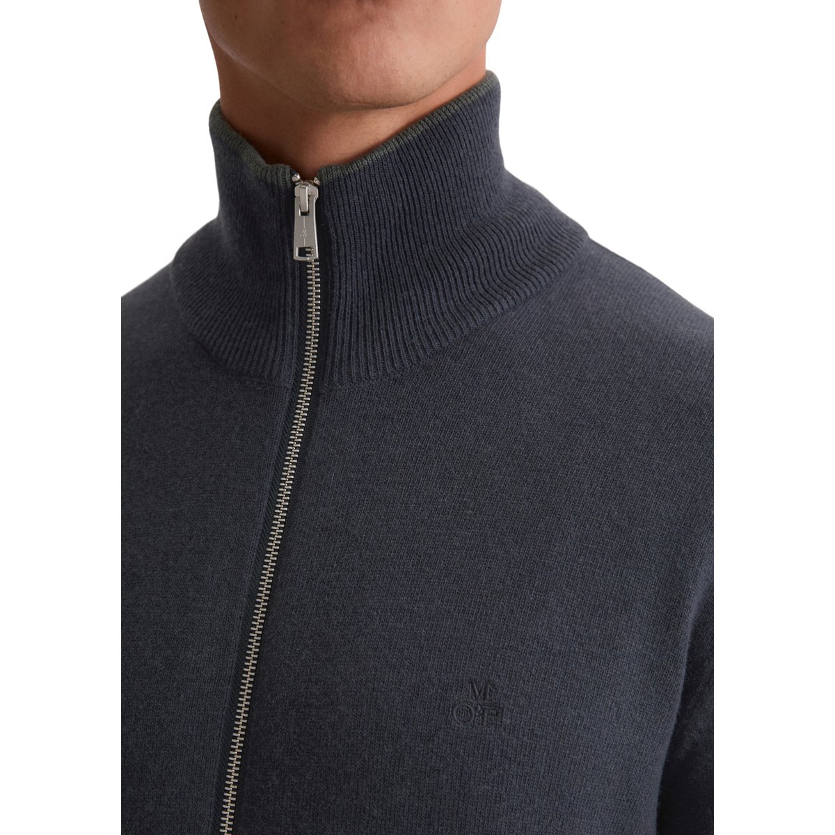 Cardigan zippé regular en mélange de coton et de laine vierge bio bleu foncé, MARC O'POLO