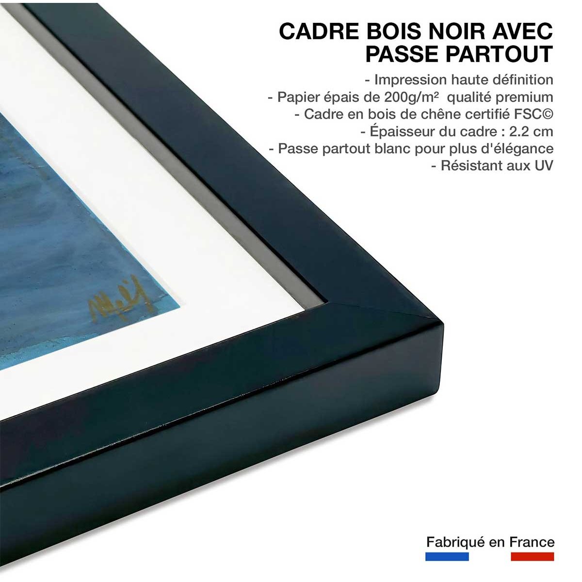 Affiche abstrait rivage d'or affiche + cadre en bois - noir, HEXOA