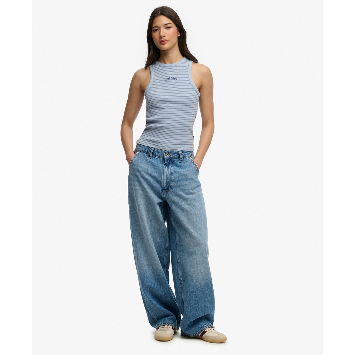 Débardeur Racer Essential Logo Coupe Ajustée rayure brume bleue, SUPERDRY