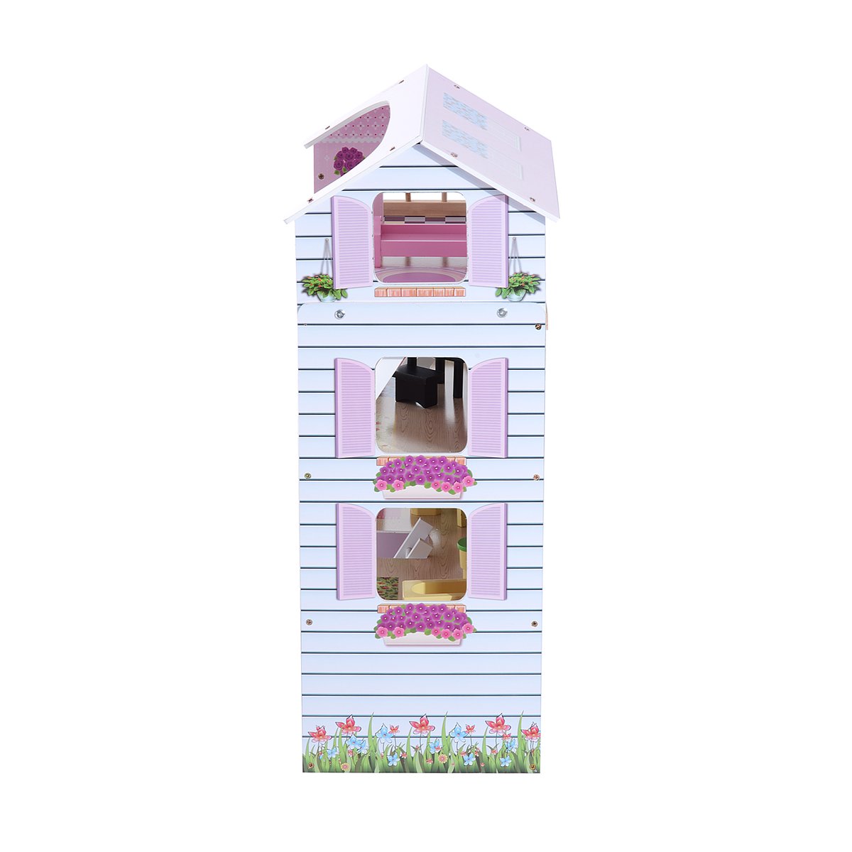 Maison de poupée en bois blanc et rose blanc, HOMCOM