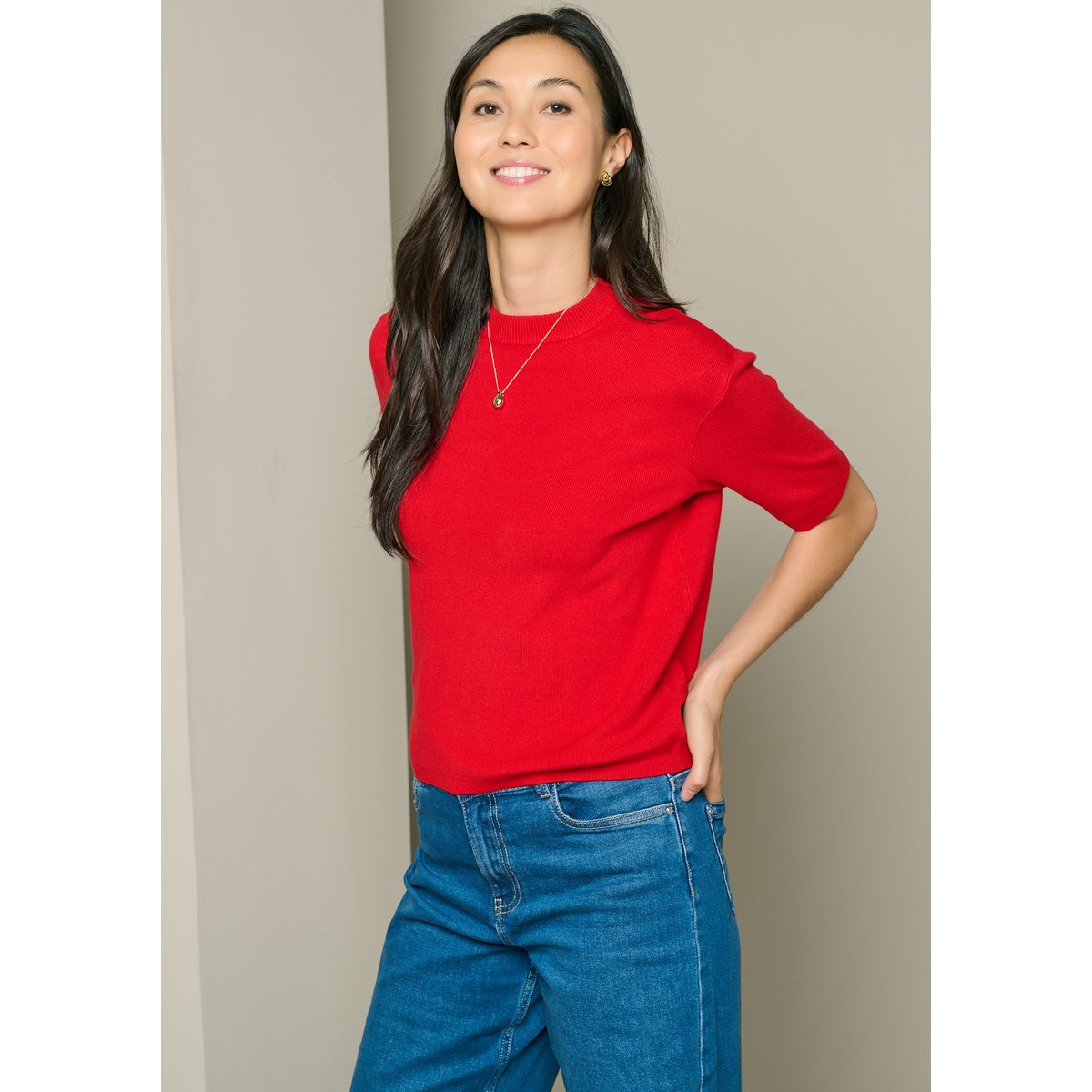 Pull manches courtes col rond rouge, LOLALIZA