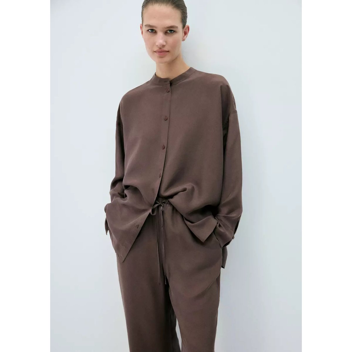 Pantalon de pyjama 100 % soie marron, MANGO