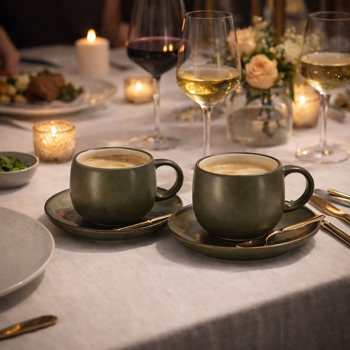 Lot de 6 tasses 22cl avec soucoupes en grès, OLI vert, OGO LIVING