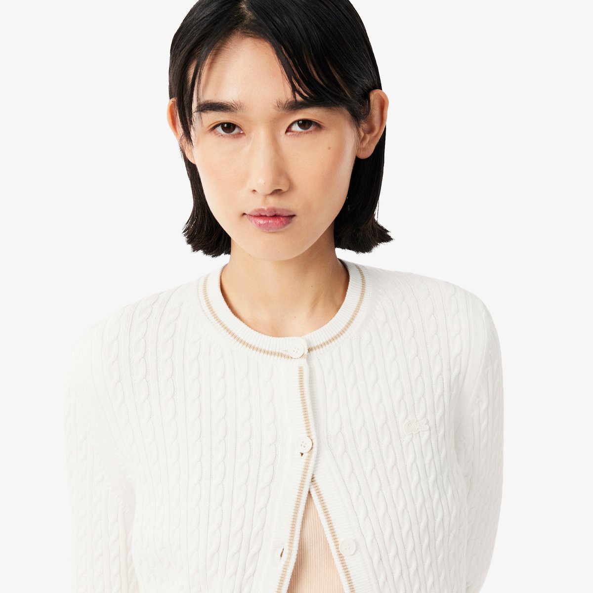 Cardigan maille torsadée rayures blanc-70v, LACOSTE