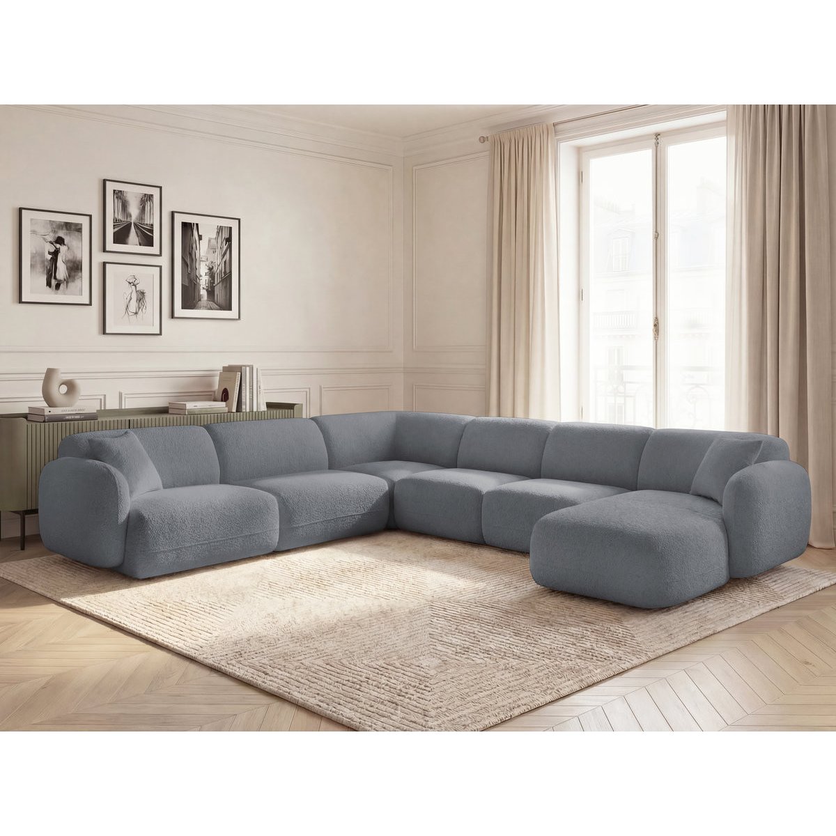 Canapé modulable 6 places en tissu chenille, ANDA gris, BOBOCHIC