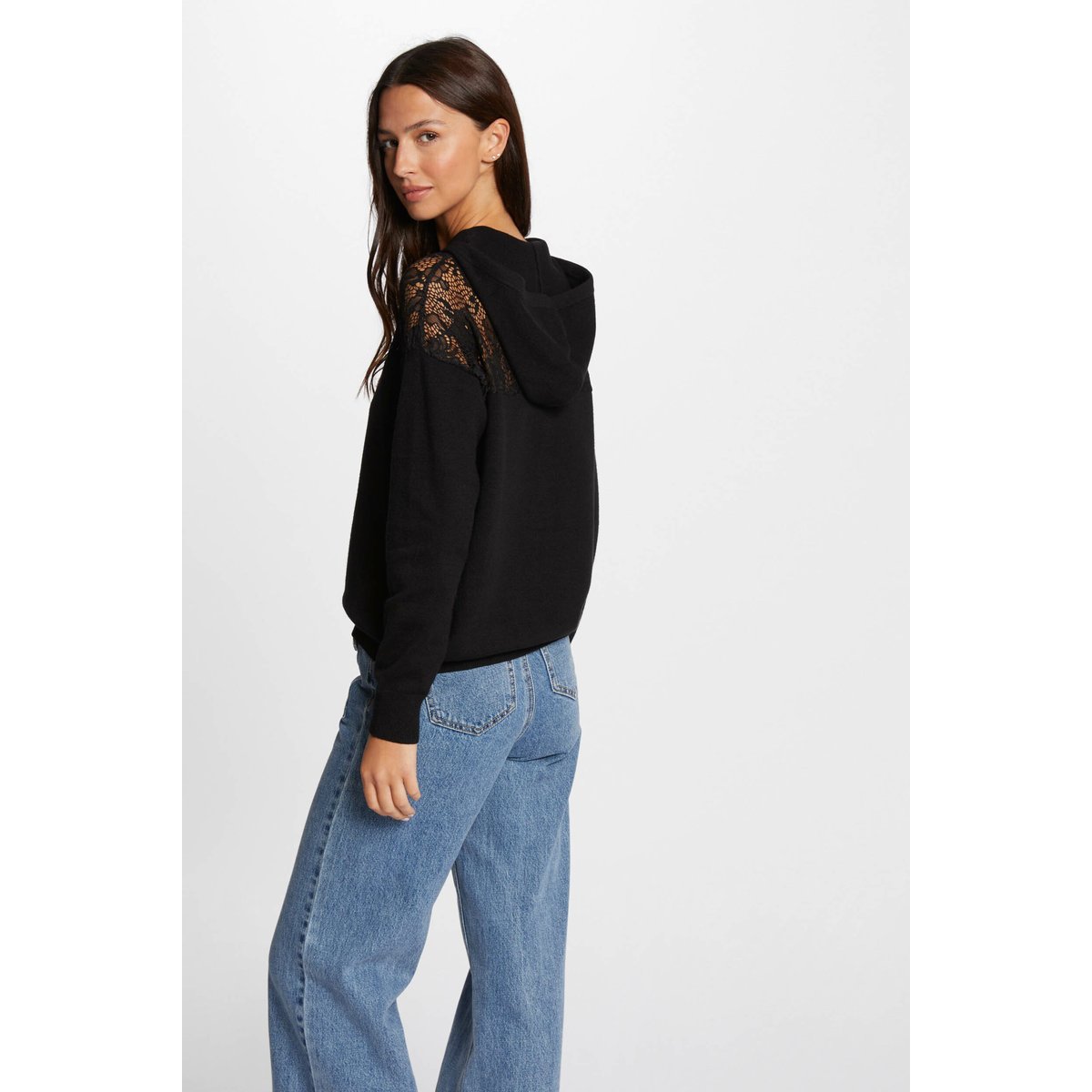 Pull capuche détails dentelle noir, MORGAN