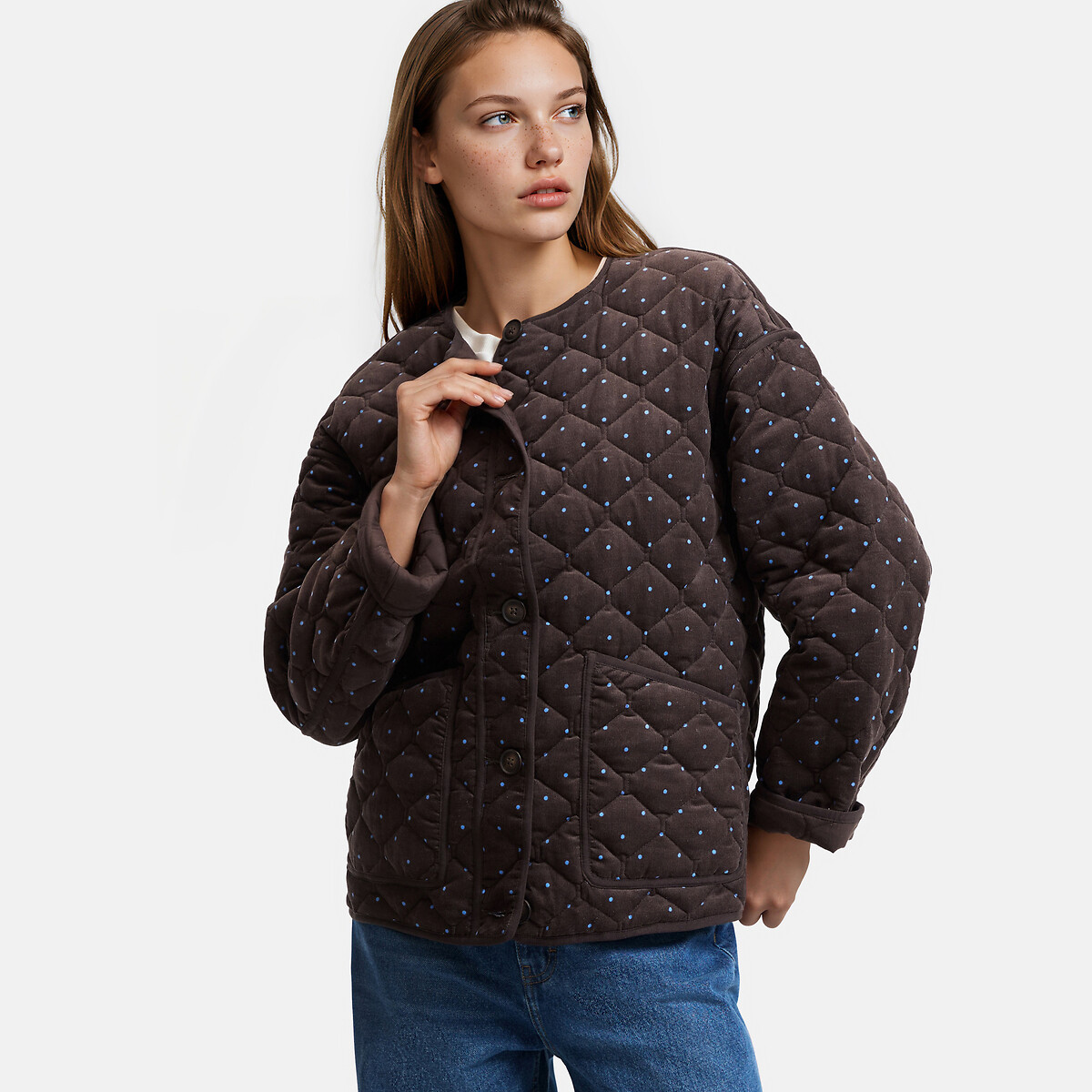 Doudoune courte à pois en coton imprimé pois bleu, LA REDOUTE COLLECTIONS
