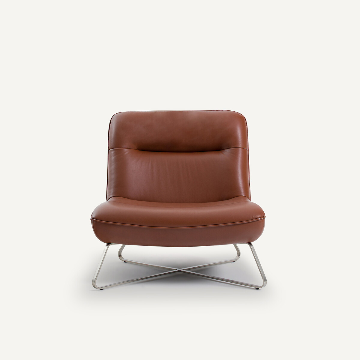 Sillón de piel y níquel satinado, Helma coñac, AM.PM