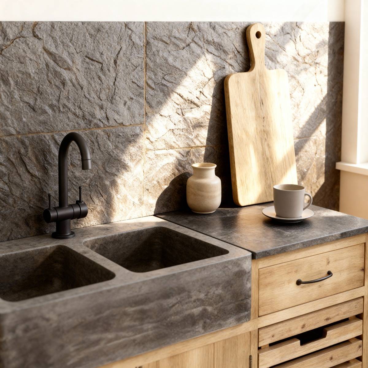 Meuble bas de cuisine en bois recyclé ROMAIN bois clair, MADE IN MEUBLES