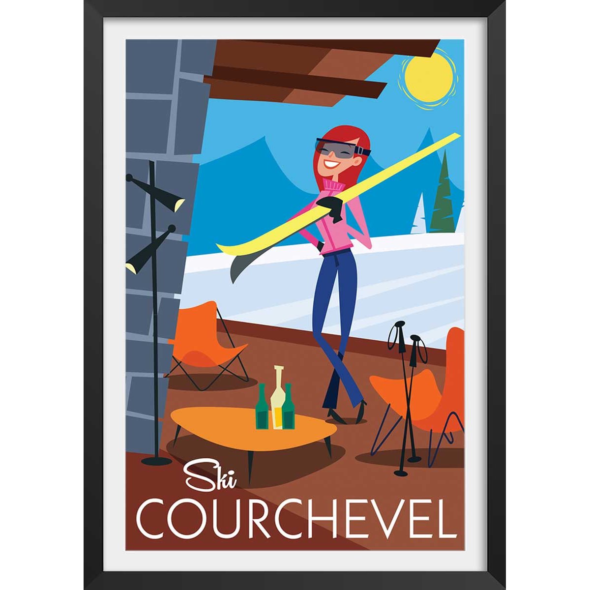 Affiche Ski à Courchevel affiche + cadre en bois - noir, HEXOA
