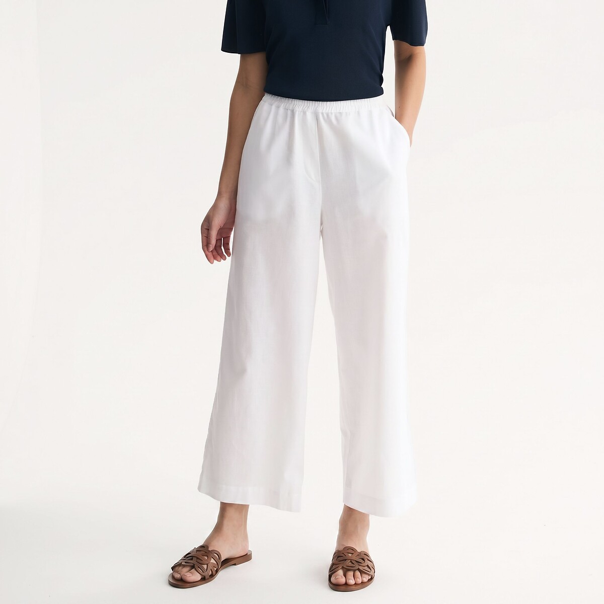 Pantalon large 7/8ème en lin et coton à taille élastiquée blanc, ANNE WEYBURN