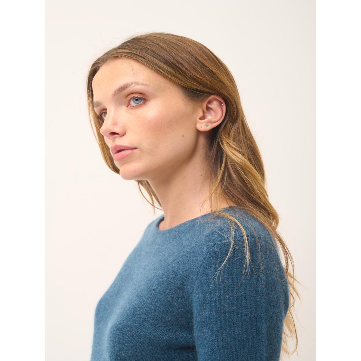 Pull Col Rond 4 Fils Vert Canard Chiné Joyce bleu foncé, JUST CASHMERE