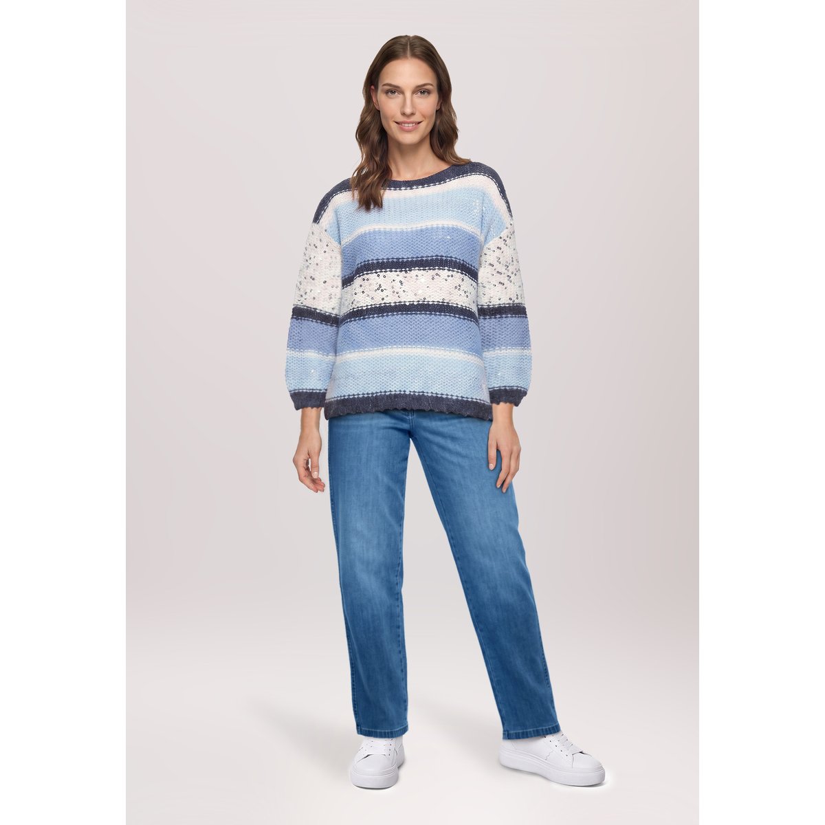 Pull-over en grosse maille à manches 3/4 patch blue/camel, BETTY BARCLAY