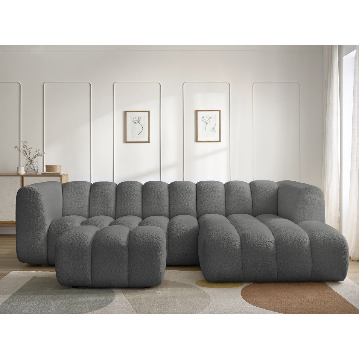 Canapé d'angle fixe 4 places en tissu bouclette avec pouf, TALIA gris foncé, BOBOCHIC